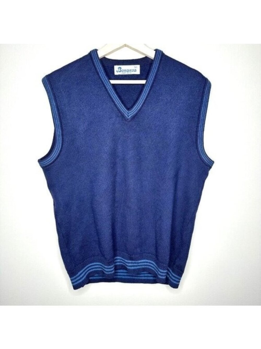 Vintage Bonanza Mens 42 Lambswool Sweater Vest Blue V Neck 80s Knit Classic Golf